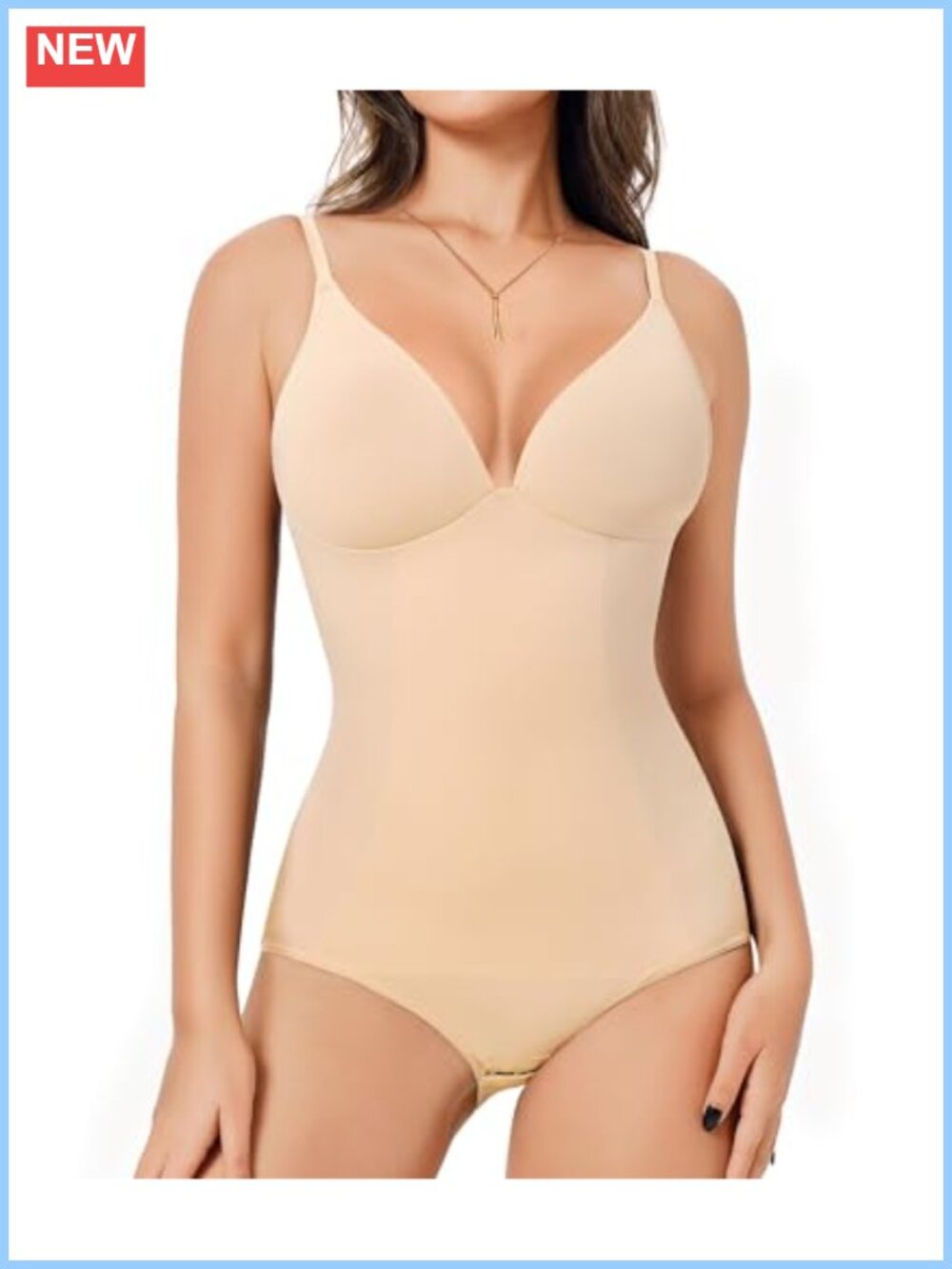 Women's Deep V Plunge Bodysuit Built in Bra Spaghetti Strap Shapewear